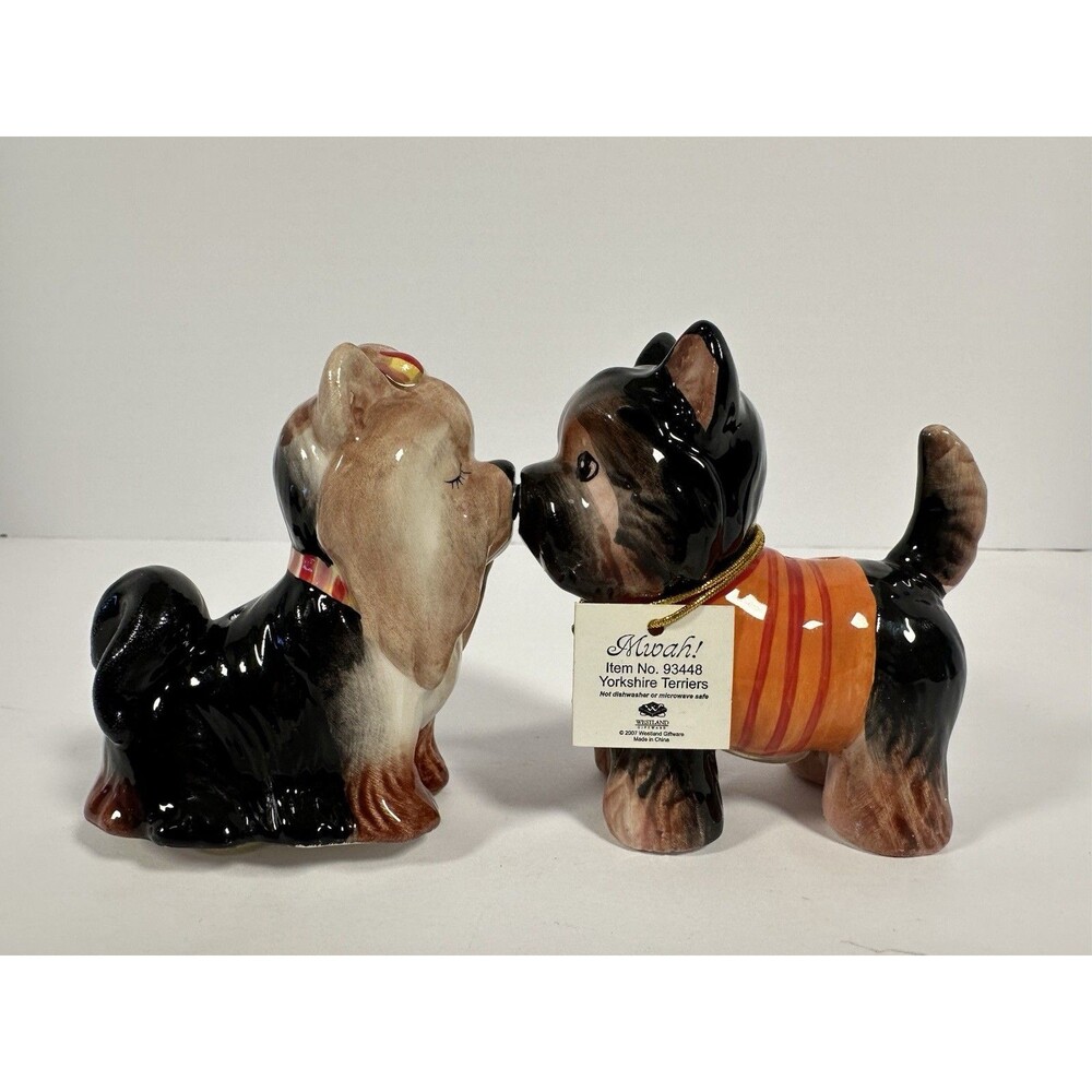 Kissing Yorkie Porcelain Dogs Salt & Pepper Shakers Westland Magnetic NIB
